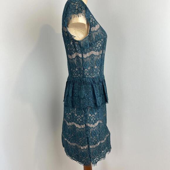 Maeve Anthropologie Women Small Elsa Teal Blue Lace Illusion Peplum Sheath Dress - Picture 2 of 14